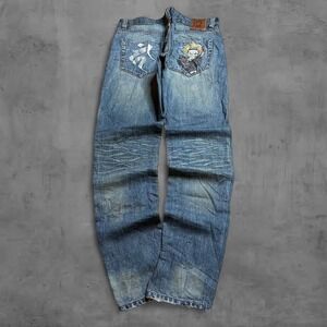 Vintage Embroidered Baggy Japanese Jeans Distressed Archive Patch Pockets 37x35